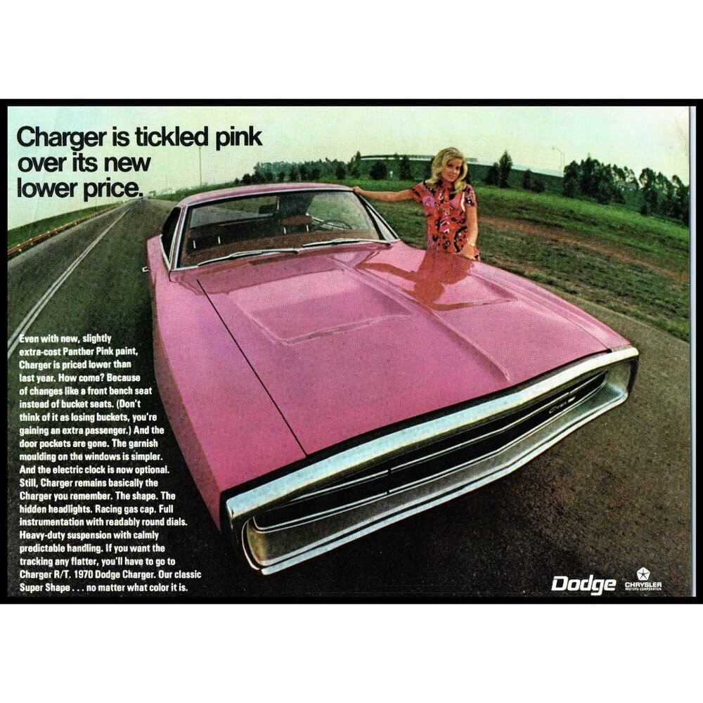 1970 Dodge Charger Tickled Pink Vintage Print Ad Blonde 70s Fashion Wall Art